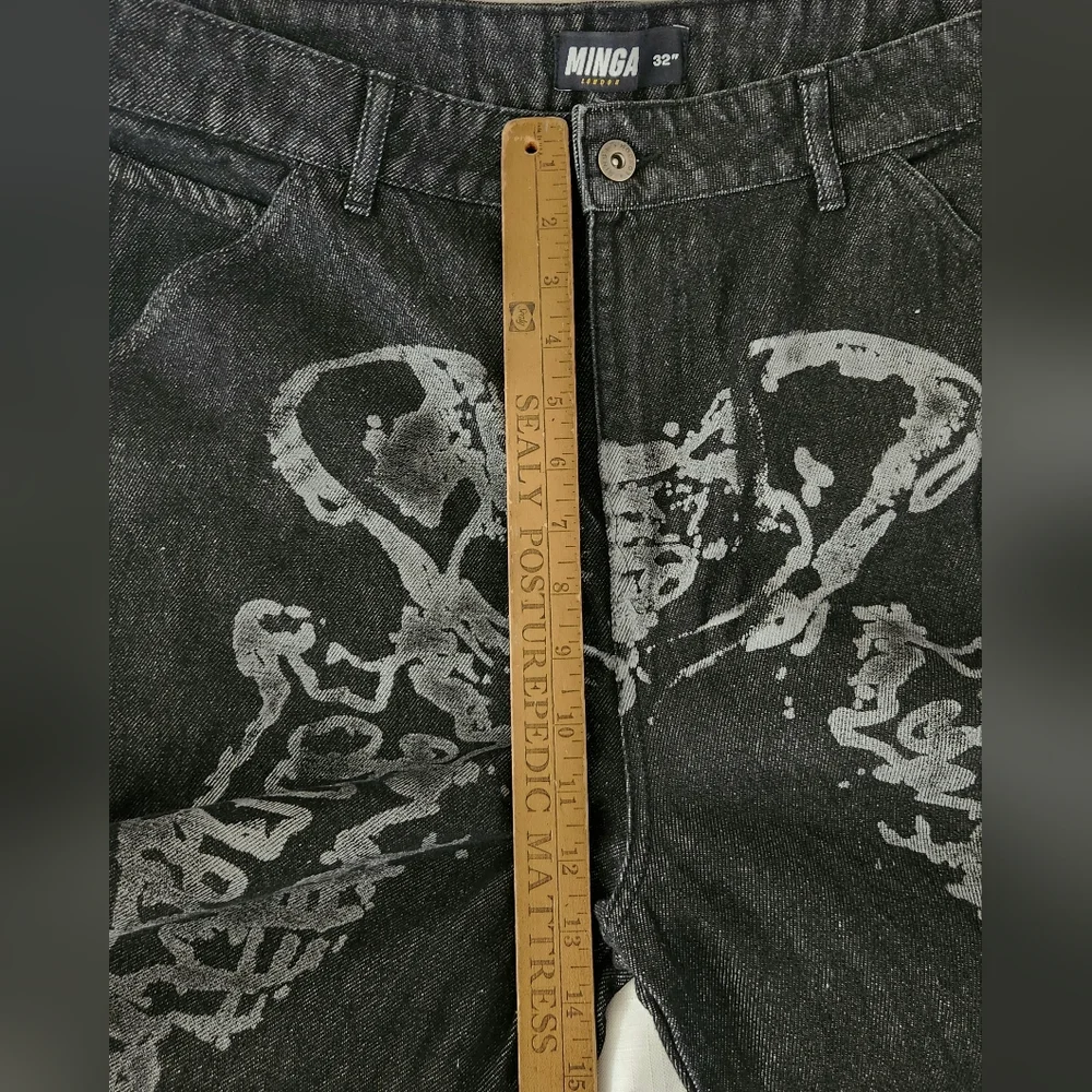 Minga London Bones Black Washed Denim Jeans Skeleton Print Wide Baggy Leg SZ 36 - Picture 16 of 16